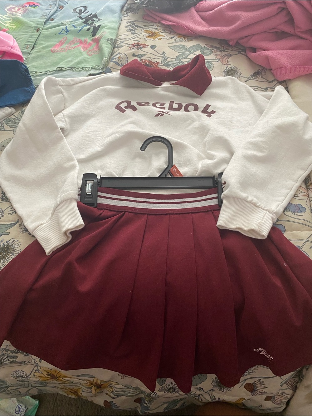Reebok White Sweatshirt with Burgundy Pleated Skirt Set